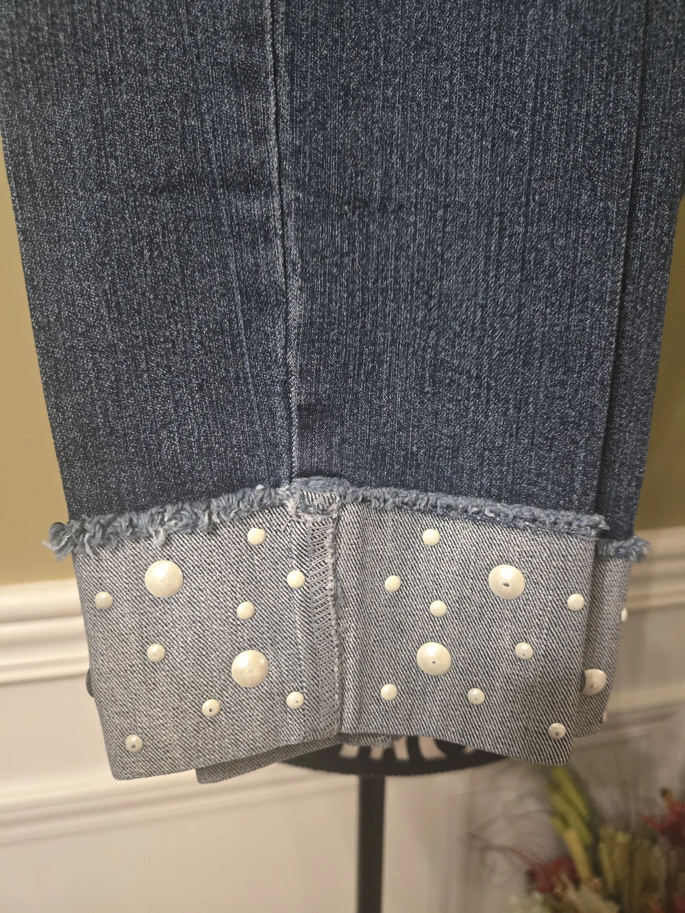 d. jeans Dark Blue Skinny Cropped Jeans with Pearl Accents